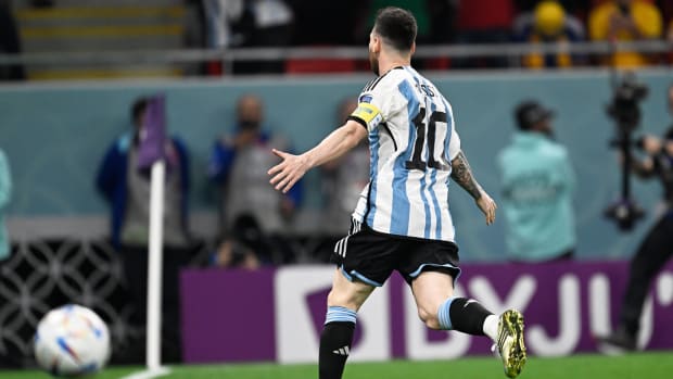Lionel Messi pictured celebrating after scoring in Argentina's 2-1 win over Australia at the 2022 World Cup